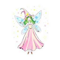 This vibrant hand-drawn color sketchnote depicts a fairy godmother emerging in a swirl of dazzling sparkles. Employing expres
