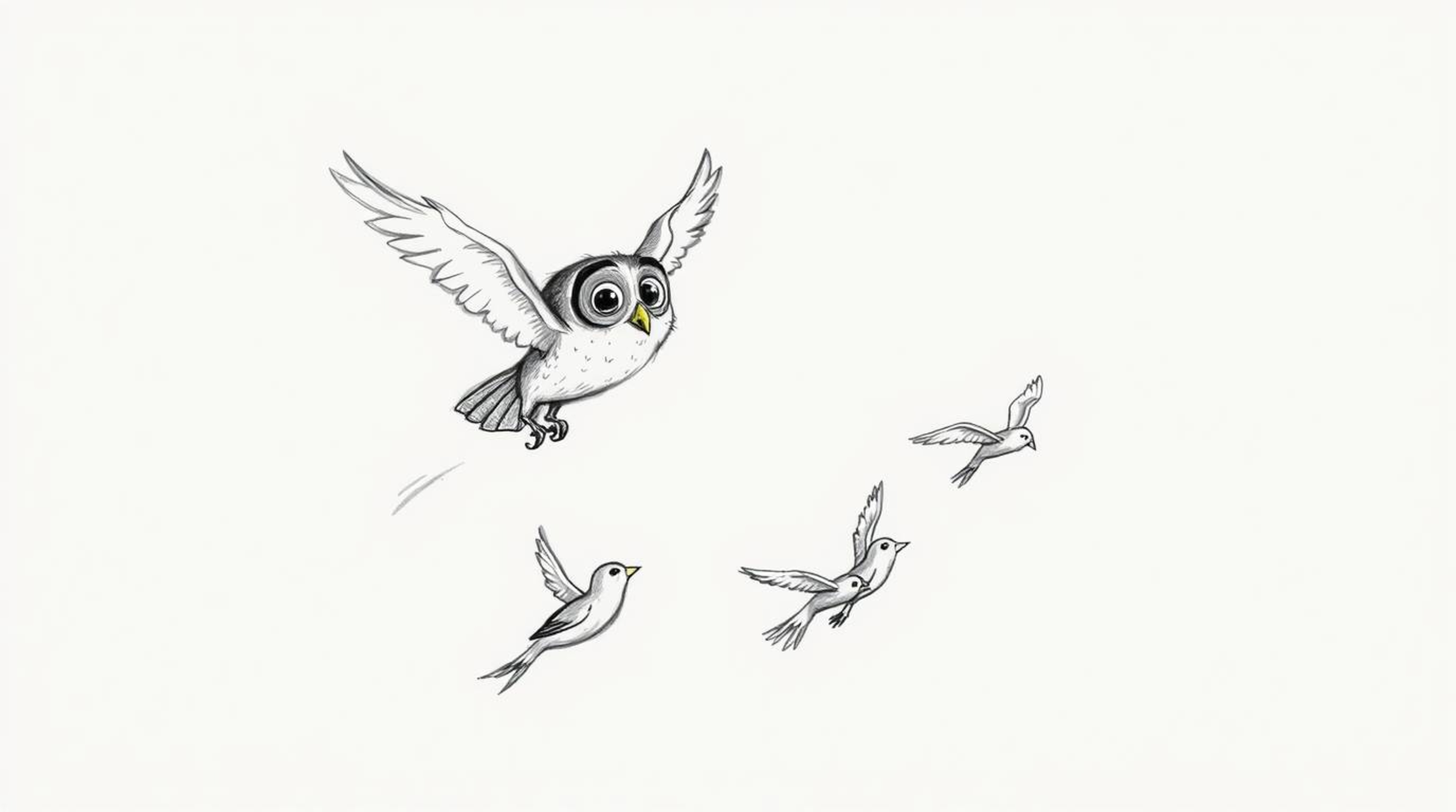 A heartwarming hand-drawn sketch in the style of Pixar showcases a blind owl in mid-flight, guiding several birds as they lea