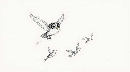 A heartwarming hand-drawn sketch in the style of Pixar showcases a blind owl in mid-flight, guiding several birds as they lea