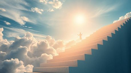 A breathtaking high-resolution stock photo capturing an extreme macro close-up view of steps of light ascending into a cloudy