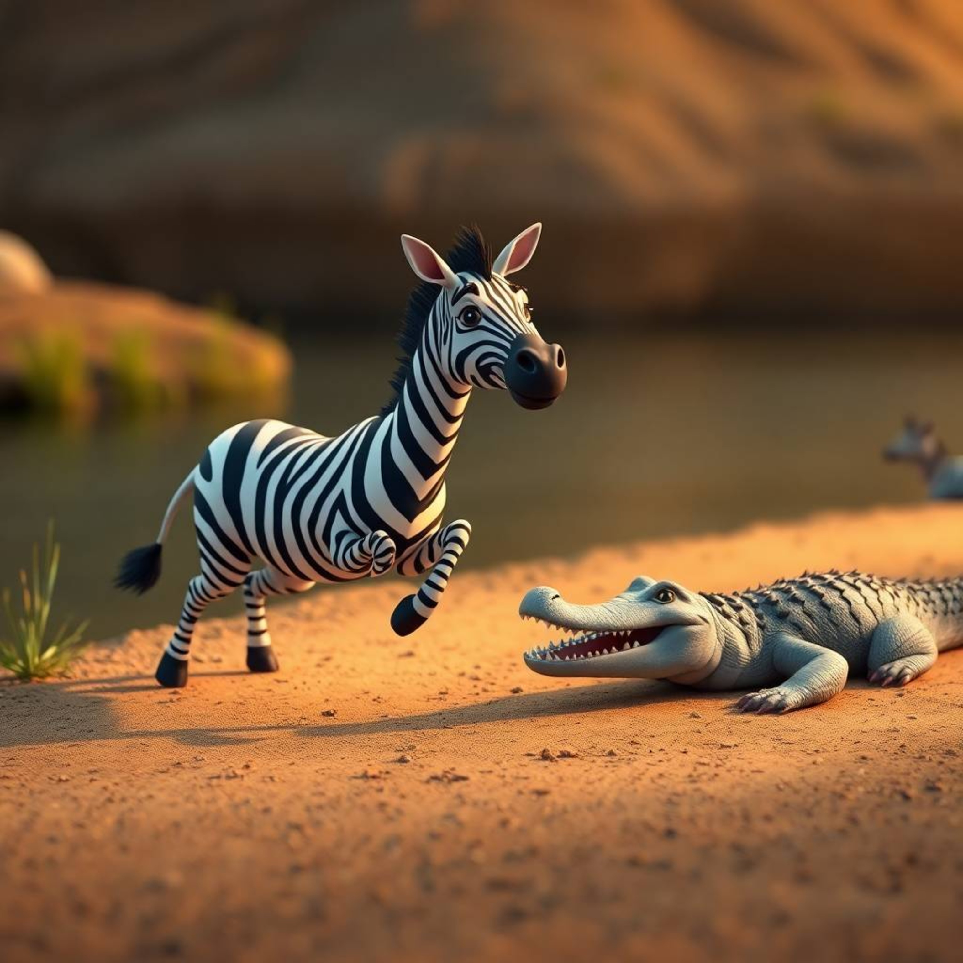 Fine art photography capturing a whimsical scene: a 3D cartoon zebra making a daring escape from a crocodile near a riverbank