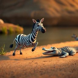 Fine art photography capturing a whimsical scene: a 3D cartoon zebra making a daring escape from a crocodile near a riverbank
