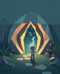 A child's backyard becomes a gateway to the extraordinary in this digital illustration, rendered in a captivating origami sty