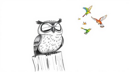 A heartwarming scene of a blind owl in Pixar style, hand-drawn with textured pencil strokes, cheering enthusiastically from a