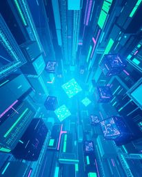 Experience a mesmerizing high-angle view of glitched geometric shapes floating in a cyberspace matrix.  The cool color palett