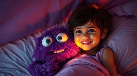 A heartwarming image depicts a child and a fluffy purple monster sharing a tender embrace under a bed, bathed in the soft, co