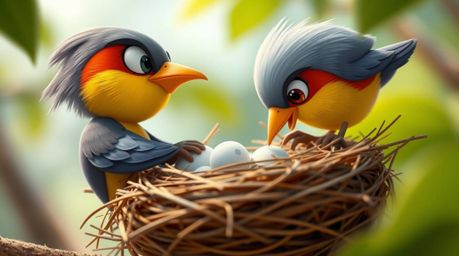 Experience the intricate details of two cartoon birds as they diligently build a nest in a classic animation style. This extr