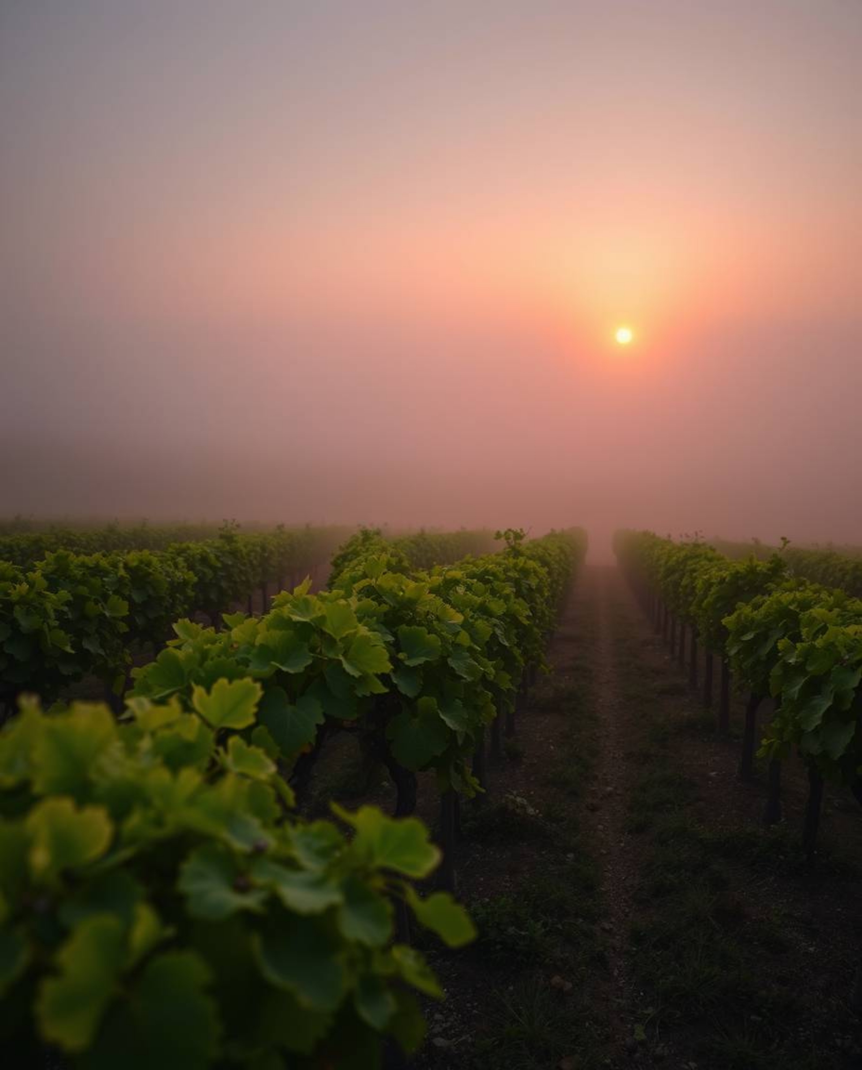 A tight close-up shot captures a sunset over a vineyard, where bright, vibrant colors create a lively and energetic atmospher