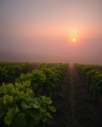 A tight close-up shot captures a sunset over a vineyard, where bright, vibrant colors create a lively and energetic atmospher