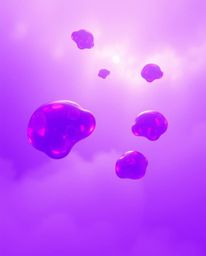 This digital painting features a captivating foggy scene rendered in deep ultraviolet hues.  Floating 3D blobs of fluid jelly