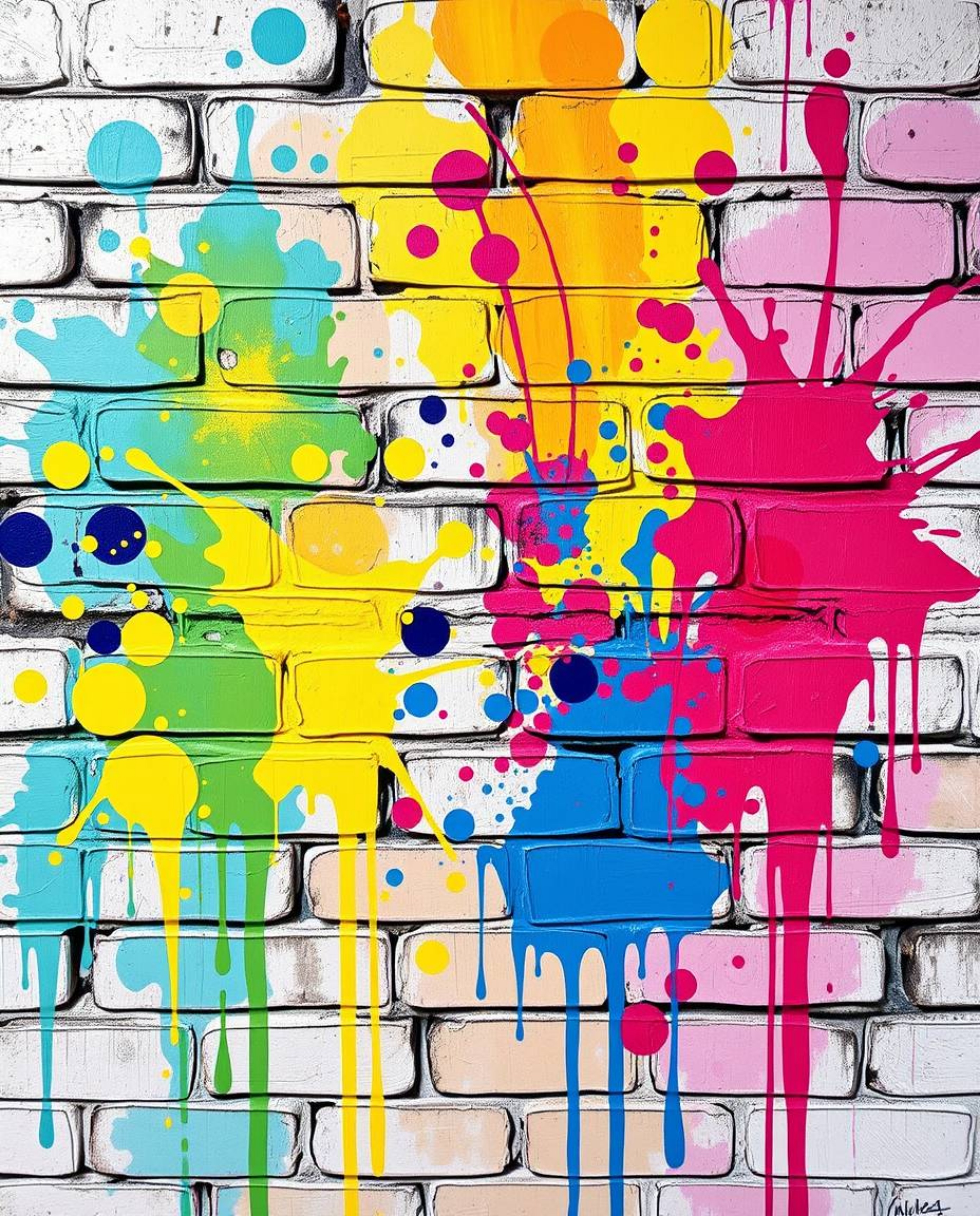 This artwork features a bold acrylic painting showcasing graffiti-style colorful splashes on a brick wall. The piece is chara