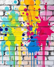 This artwork features a bold acrylic painting showcasing graffiti-style colorful splashes on a brick wall. The piece is chara