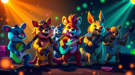 A captivating music video featuring a band of cartoon animals rocking out under a mesmerizing display of bioluminescent light