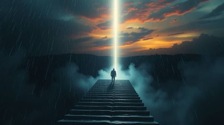 A captivating scene unfolds with a lone figure ascending a weathered stone staircase, their silhouette framed against the bac