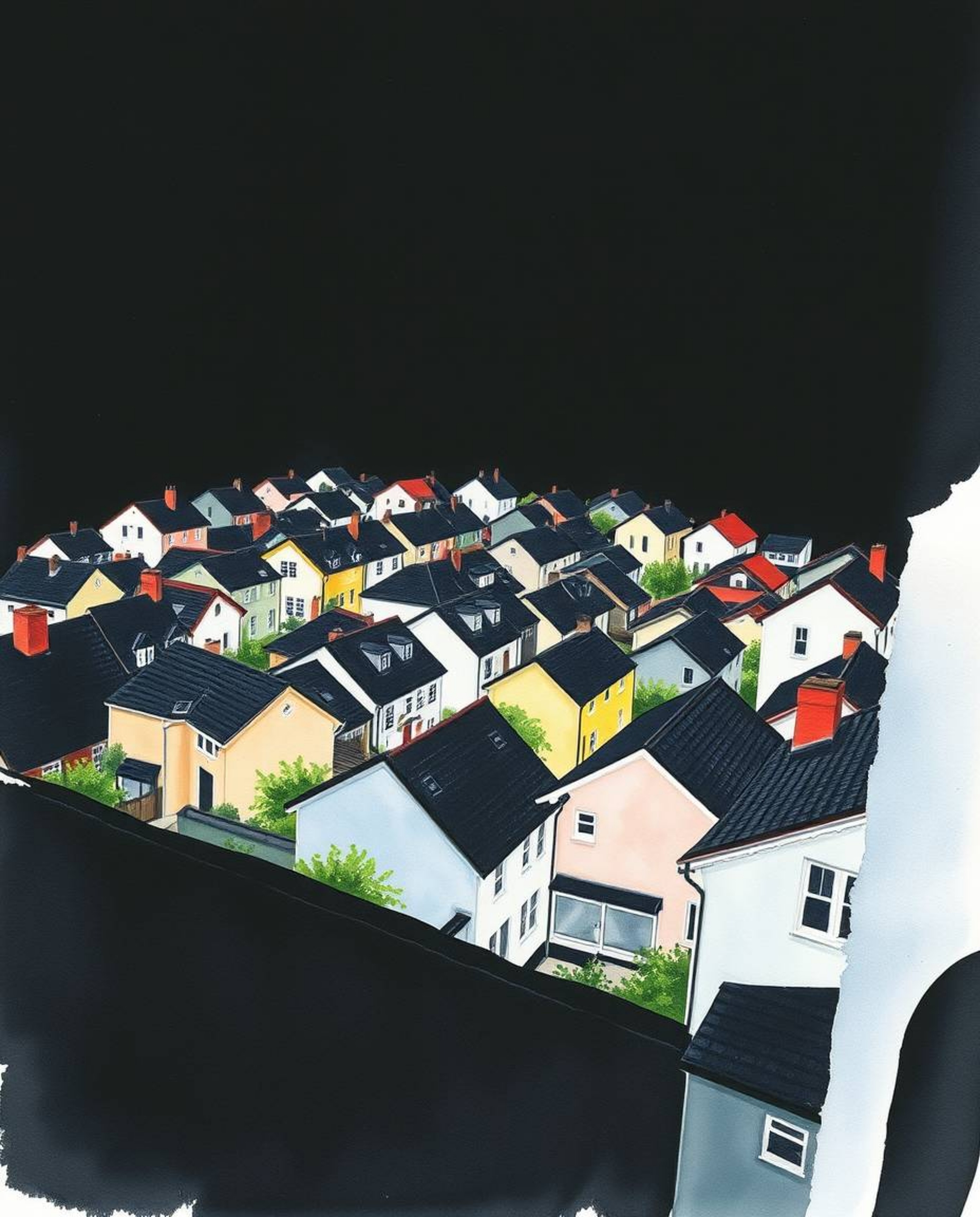 This captivating watercolor painting showcases a sleepy town from a high-angle perspective. Pastel-colored houses create a ch