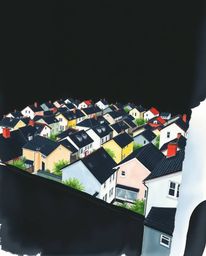 This captivating watercolor painting showcases a sleepy town from a high-angle perspective. Pastel-colored houses create a ch
