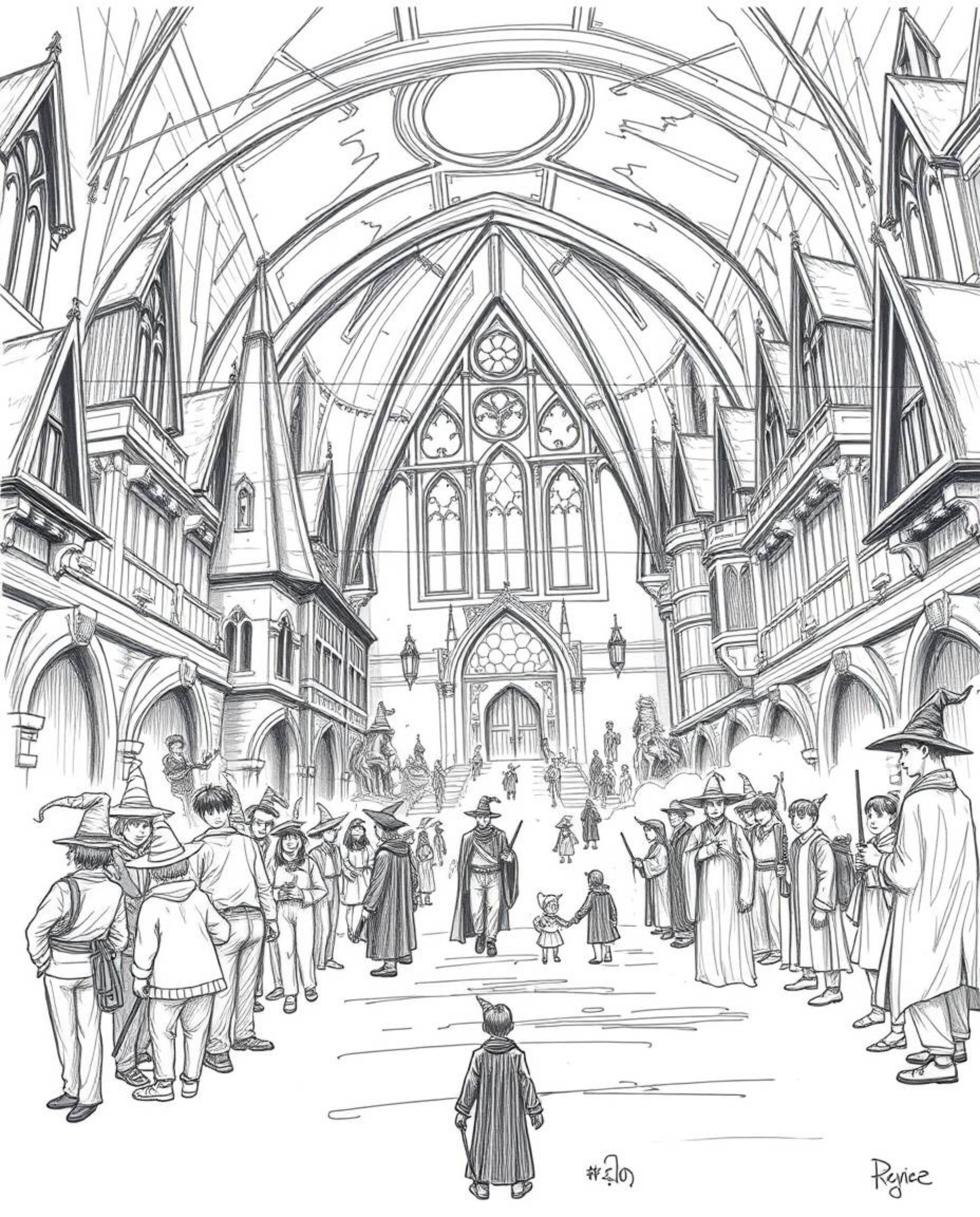 Experience a hand-drawn sketch of a magical school filled with young wizards, rendered on an epic scale with heroic undertone