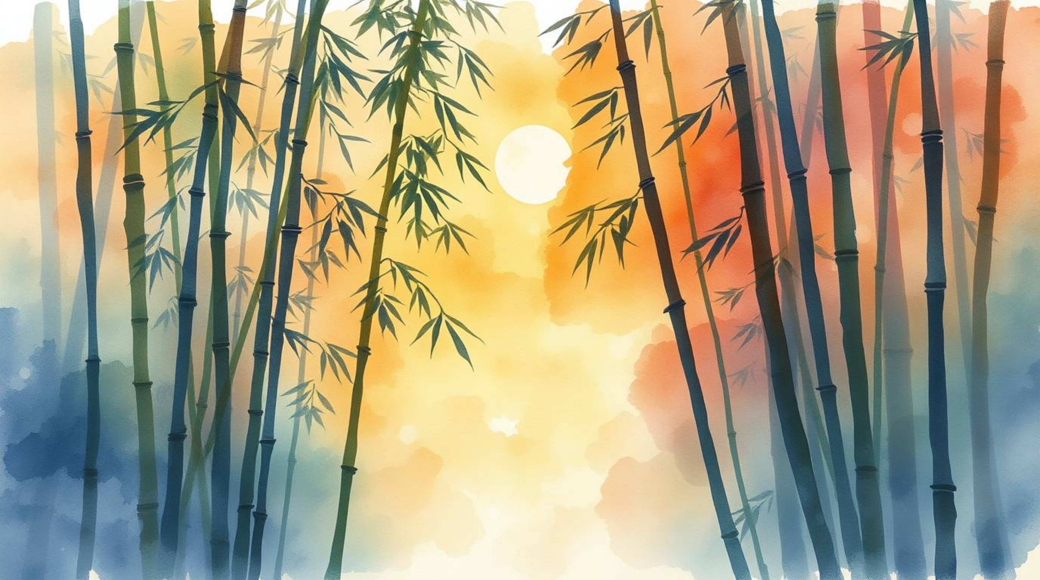 This artwork captures the serene beauty of a bamboo forest immersed in the warm glow of a sunset.  Utilizing delicate waterco