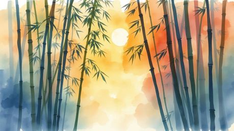 This artwork captures the serene beauty of a bamboo forest immersed in the warm glow of a sunset.  Utilizing delicate waterco
