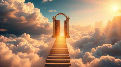 This high-resolution stock photo captures a breathtaking scene of a heavenly gate suspended above the clouds. Stairs ascend t