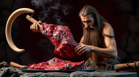 A stunning high-resolution stock photo depicts a caveman skillfully cooking mammoth meat.  The rich burgundy and deep blue co