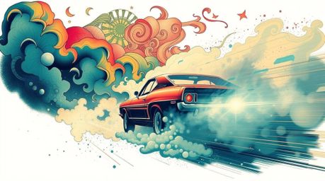 Immerse yourself in a dynamic chase scene rendered in the style of a classic tattoo art print.  Featuring volumetric lighting