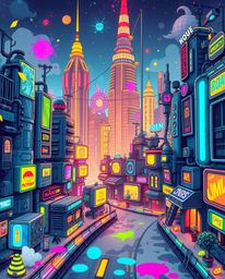 Immerse yourself in an adorable and cute futuristic cityscape, a cyberpunk environment brimming with colorful neon splashes. 