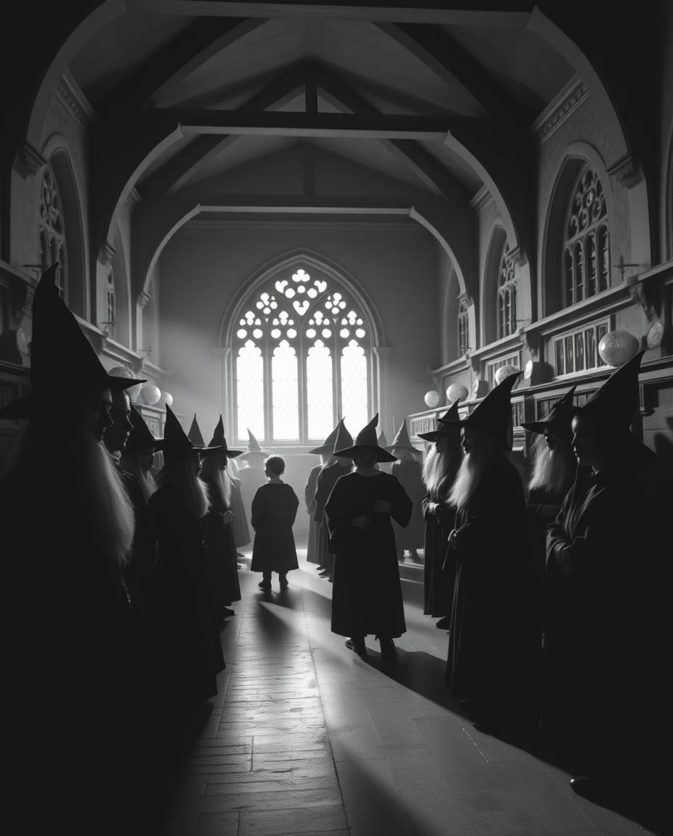 A classic black and white fine art photograph capturing the timeless elegance of a magical school filled with young wizards. 
