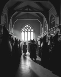 A classic black and white fine art photograph capturing the timeless elegance of a magical school filled with young wizards. 