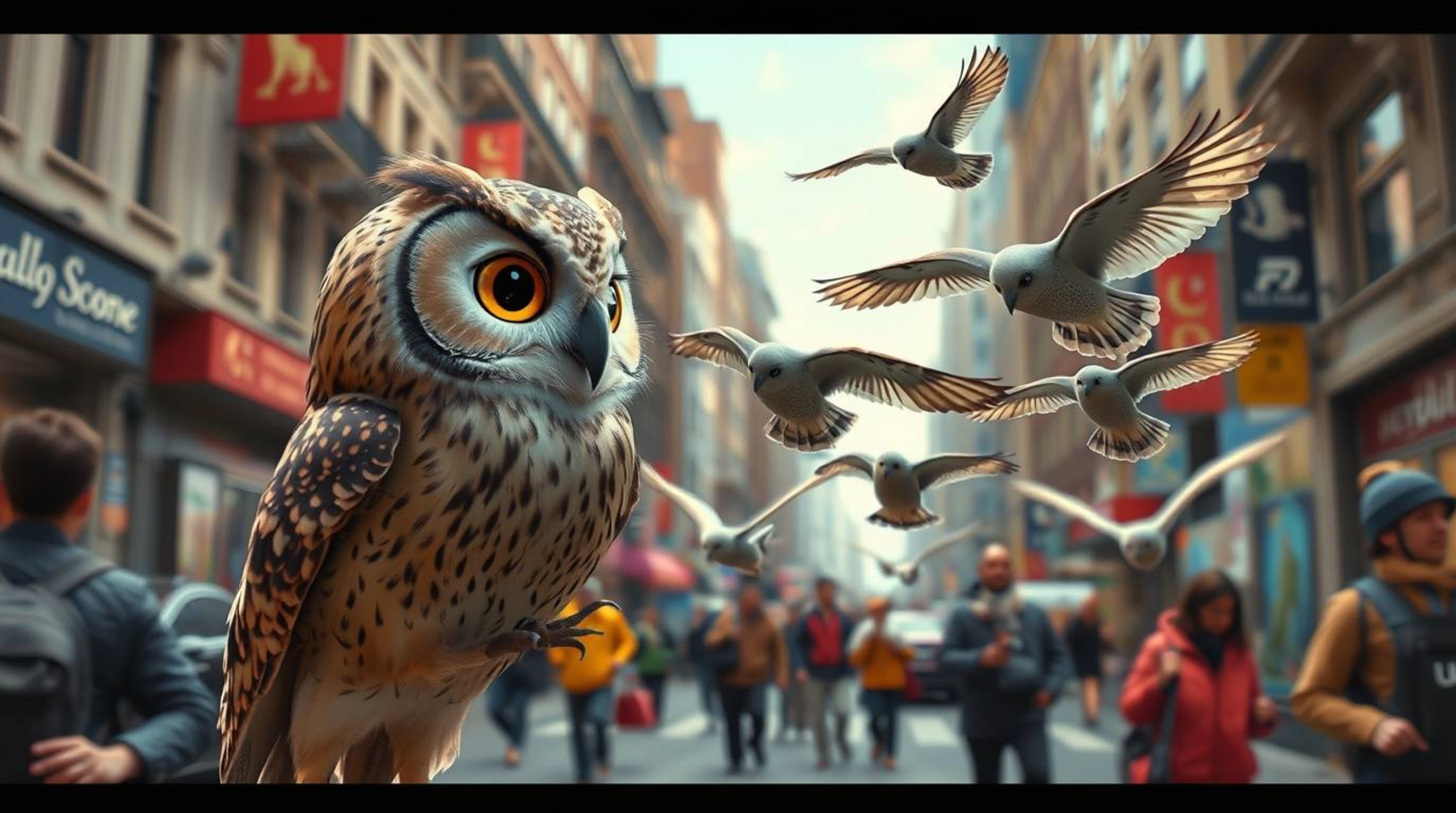 A captivating street photograph in the distinctive style of Pixar, portraying a blind owl with tender, expressive eyes in the