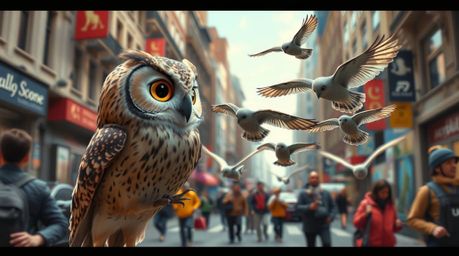 A captivating street photograph in the distinctive style of Pixar, portraying a blind owl with tender, expressive eyes in the