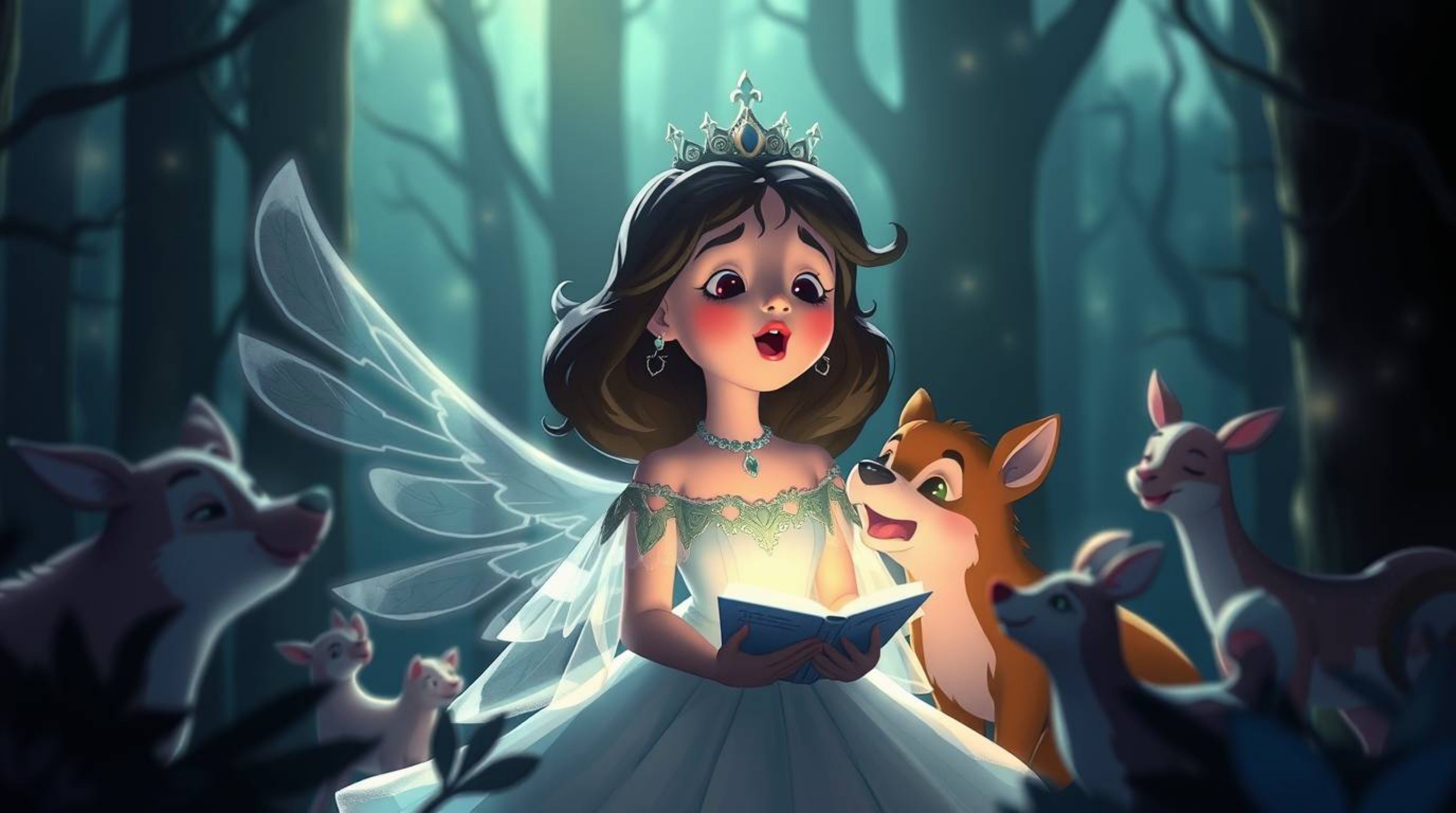 Immerse yourself in a mystical atmosphere with this vintage 2D animation featuring an ethereal princess singing with forest a