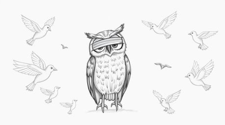 A heartwarming hand-drawn sketch in the style of Pixar depicts a blind owl patiently guiding birds to fly. The scene is rich 