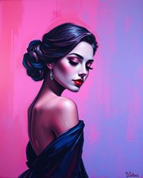 Discover a stunning classic oil painting featuring rich burgundy and deep blue tones, blended with soft pink and violet gradi