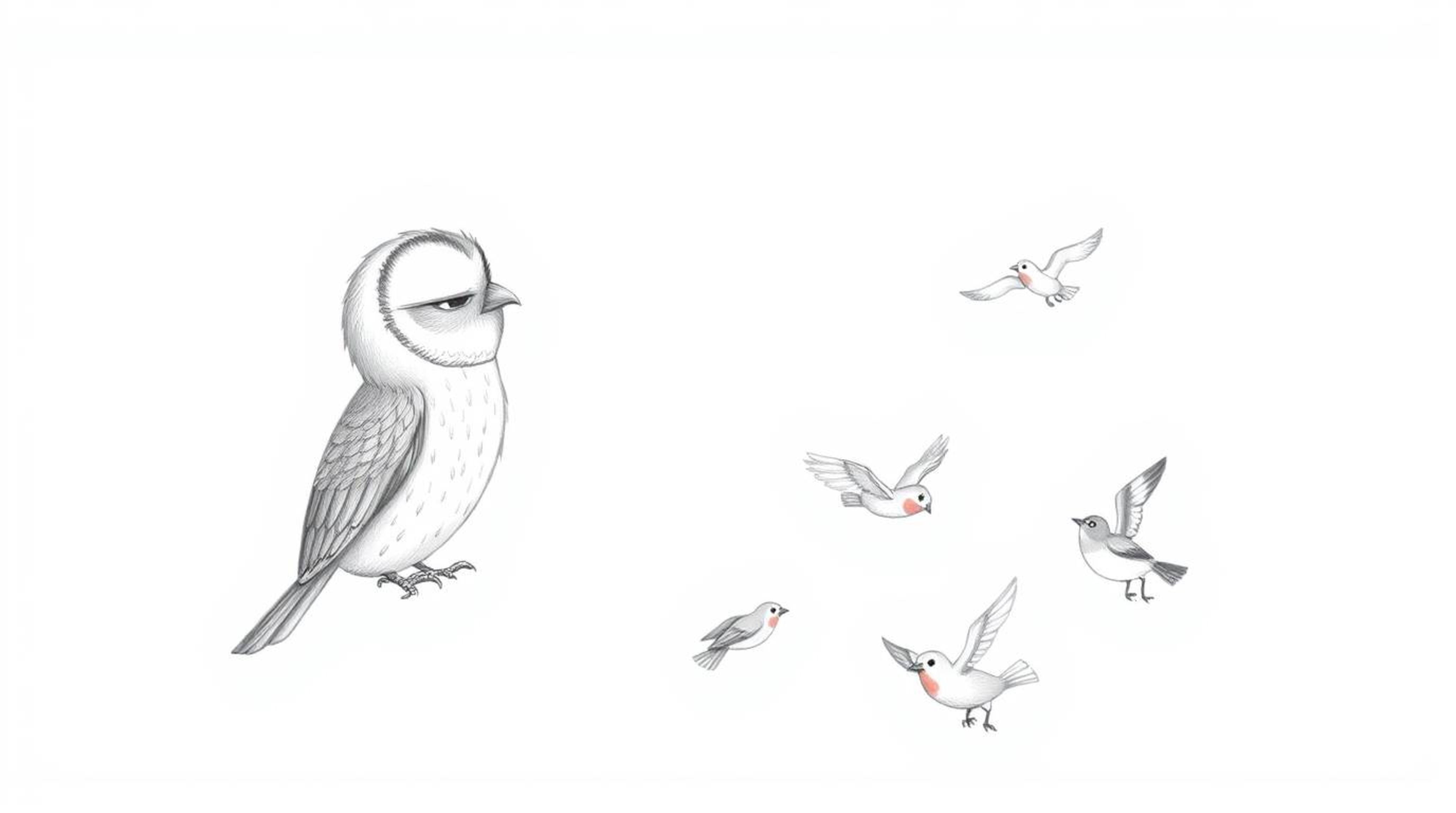 A hand-drawn sketch inspired by Pixar, featuring a wise, blind owl with delicately textured pencil strokes. Set against a cle