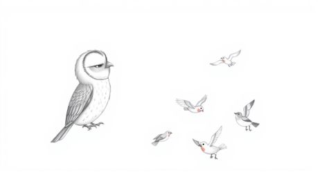 A hand-drawn sketch inspired by Pixar, featuring a wise, blind owl with delicately textured pencil strokes. Set against a cle