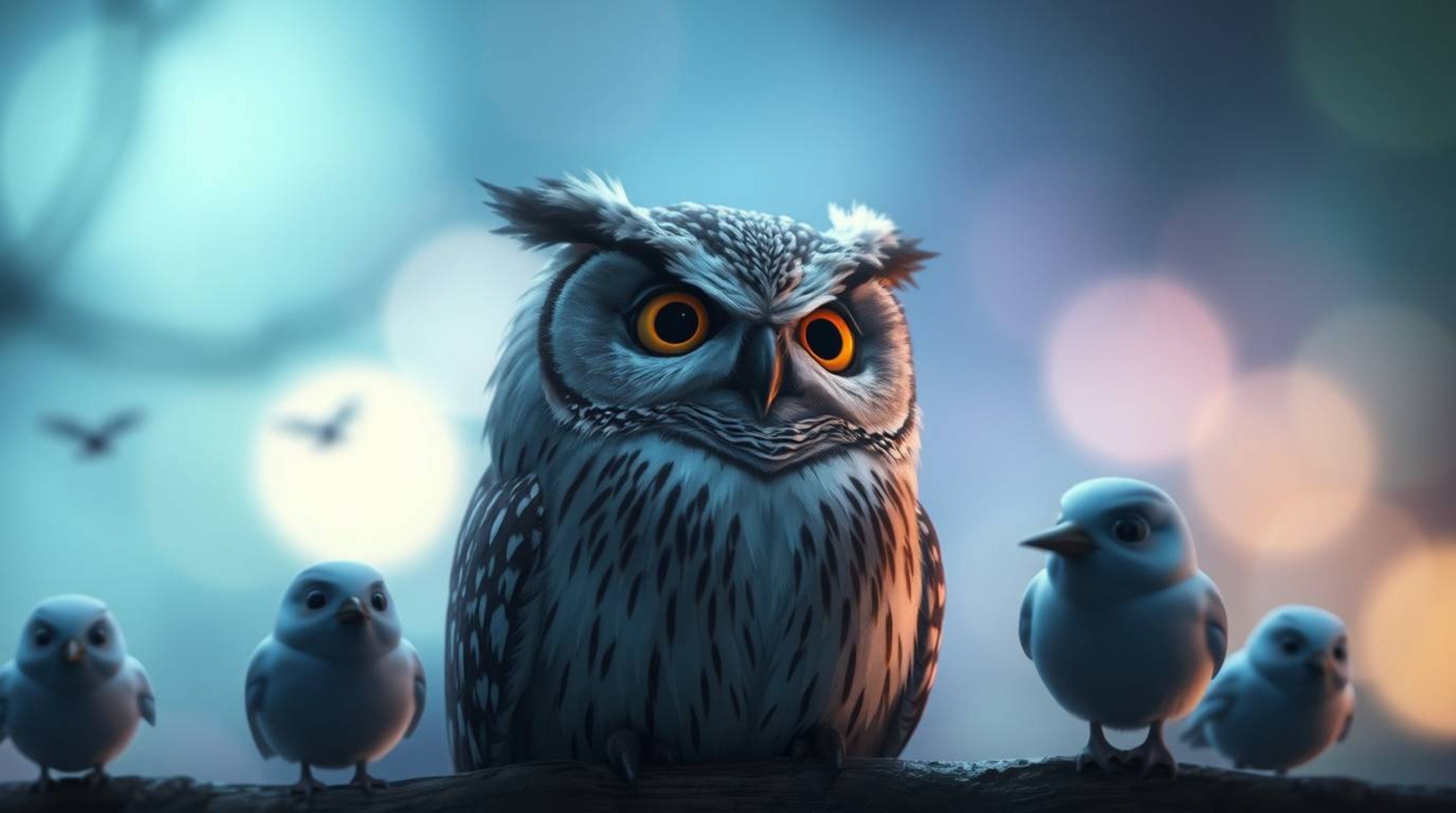 In a scene enveloped by a soft cinematic haze and captured with a long exposure, a blind owl, rendered in a Pixar style with 