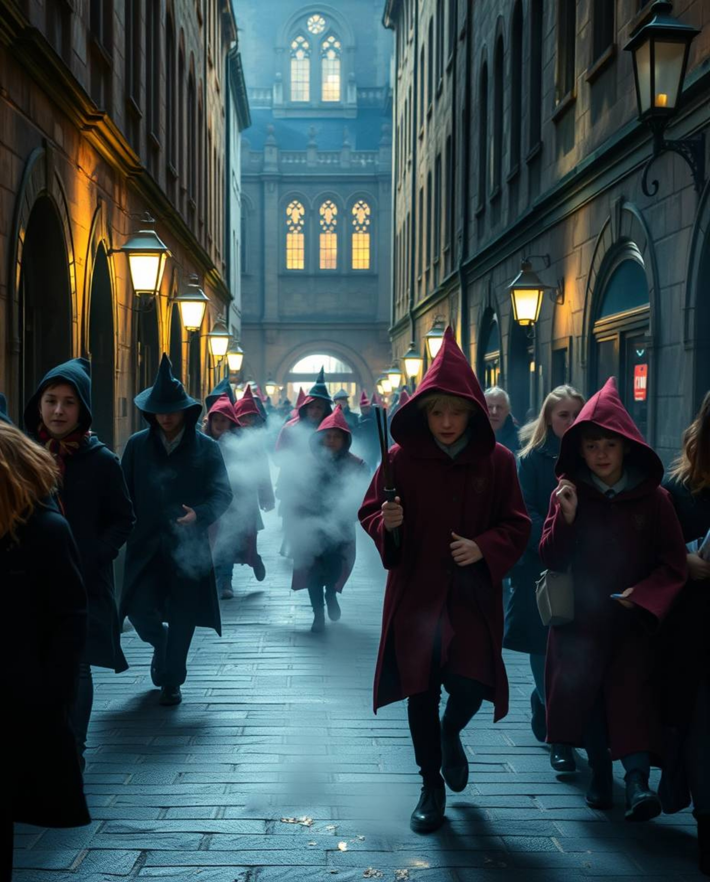 Capture the enchanting world of a magical school thriving within the urban landscape. This candid street photograph showcases