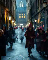 Capture the enchanting world of a magical school thriving within the urban landscape. This candid street photograph showcases