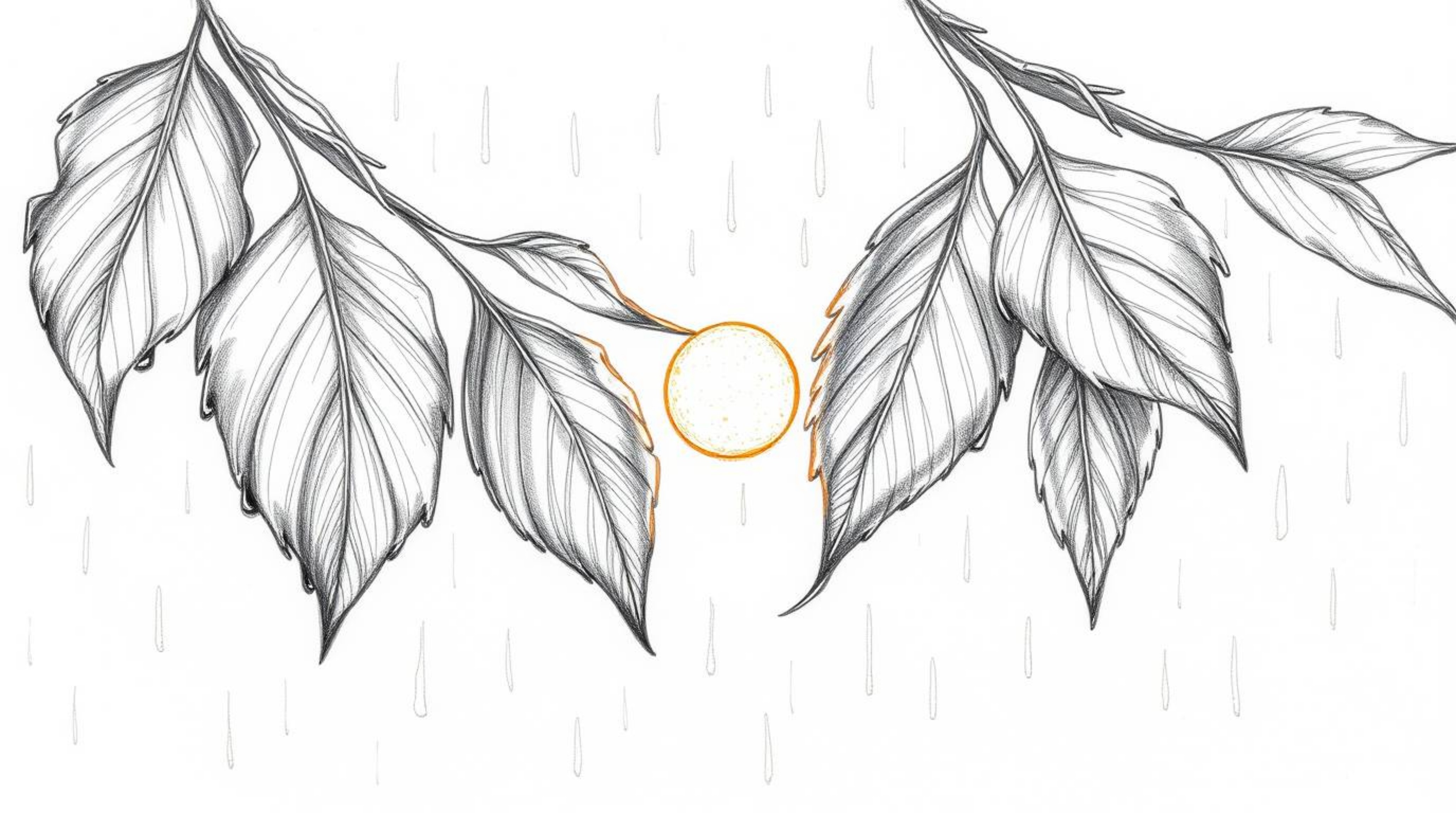 A captivating hand-drawn pencil sketch depicts a serene sunset reflected in raindrops clinging to leaves.  The artwork featur