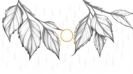 A captivating hand-drawn pencil sketch depicts a serene sunset reflected in raindrops clinging to leaves.  The artwork featur