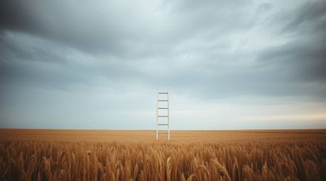 A captivating fine art photograph depicts a minimalist scene: a silver ladder standing alone in an open field under a wide, c