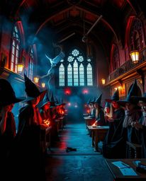 Explore a captivating magical school teeming with young wizards, brought to life with intense dramatic lighting and high cont
