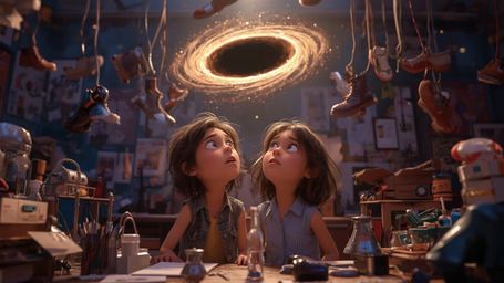 In a vibrant, whimsical photograph reminiscent of Pixar's storytelling style, a dynamic science fair duo stands amidst a clut