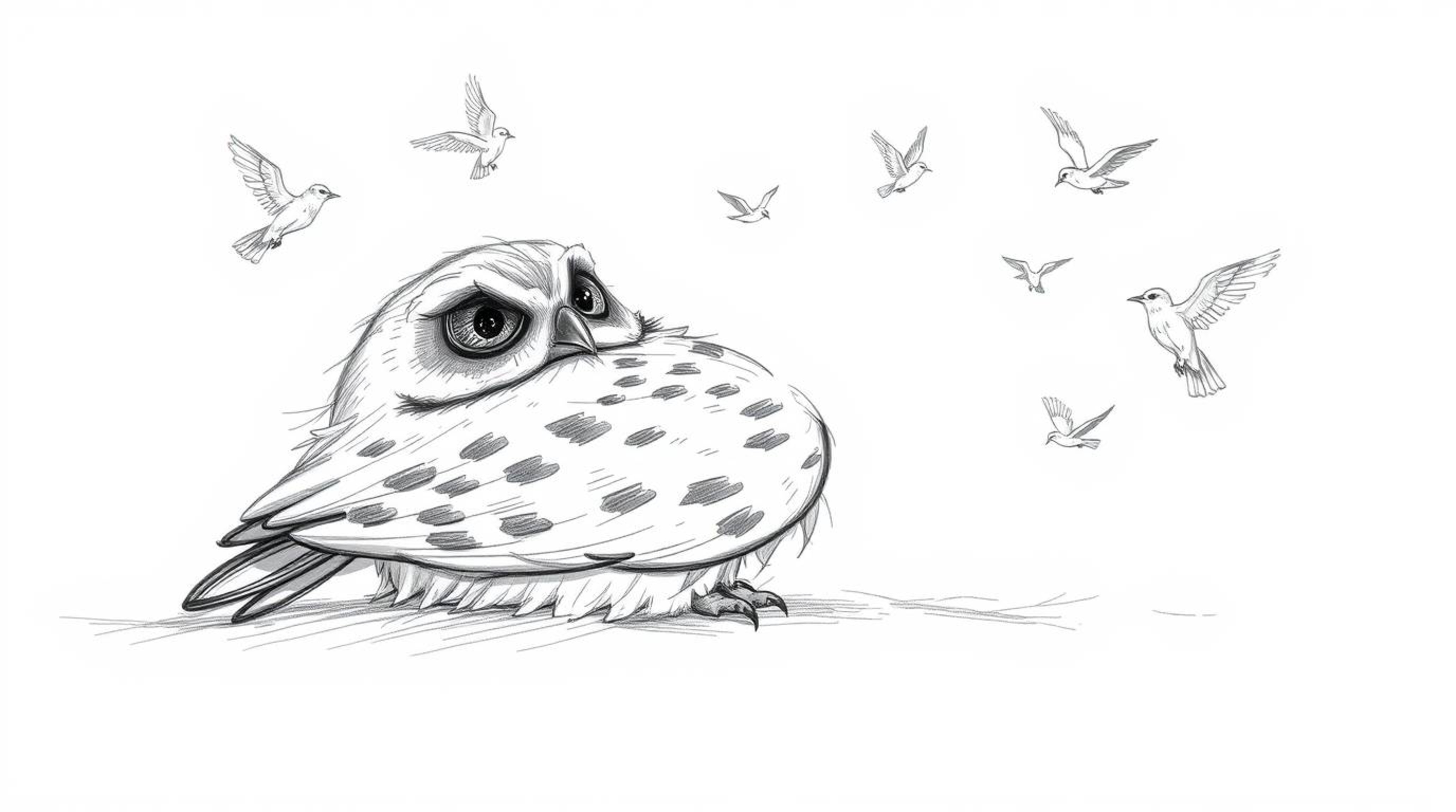 A heartwarming hand-drawn pencil sketch depicts a blind owl, reminiscent of Pixar's style, peacefully resting as small birds 