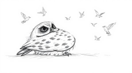 A heartwarming hand-drawn pencil sketch depicts a blind owl, reminiscent of Pixar's style, peacefully resting as small birds 