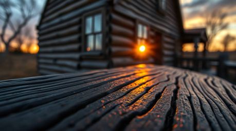 This image features an extreme macro close-up of an old wooden cabin at sunset, with a sharp focus on a cast bronze surface. 