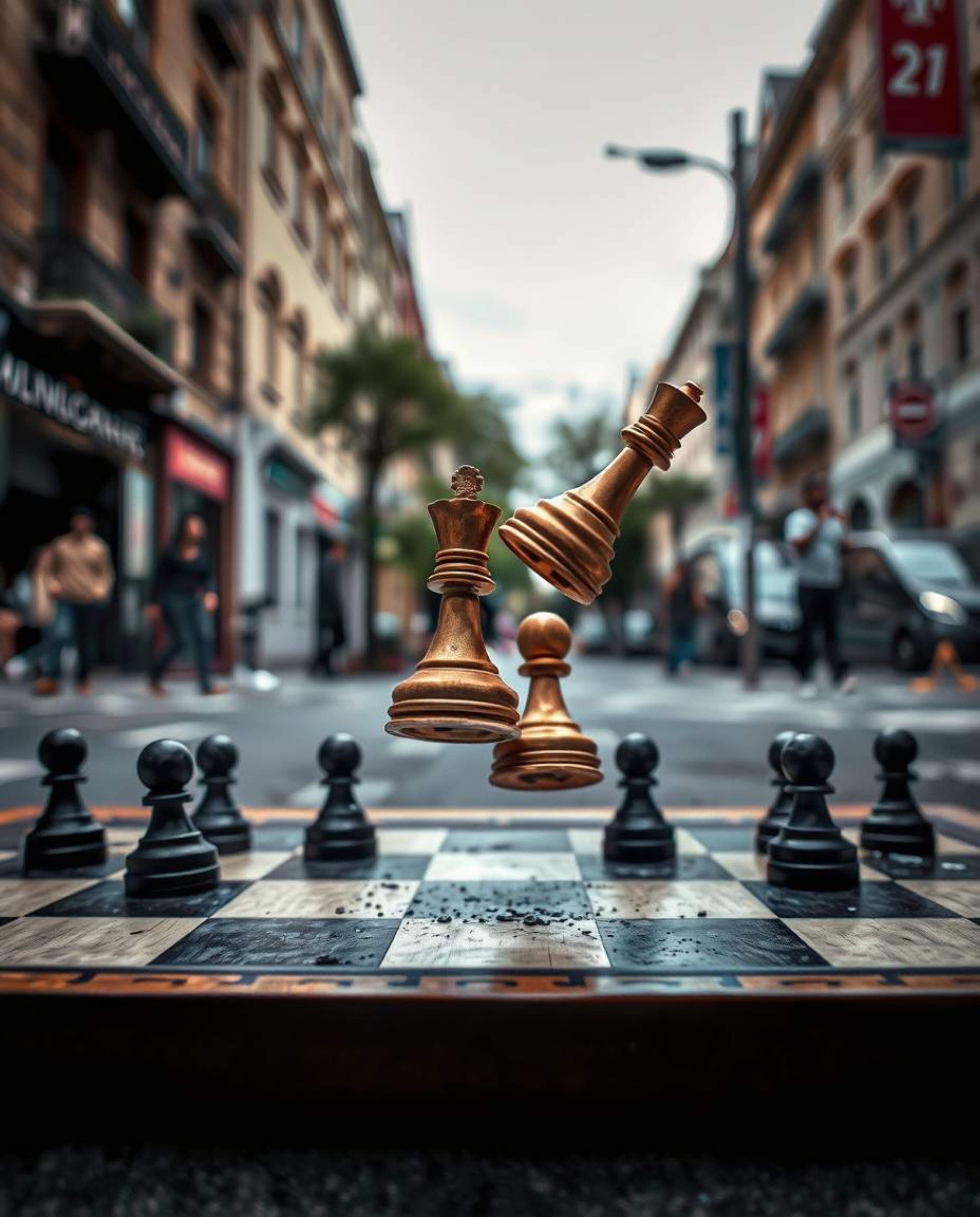 This striking street photograph captures a chessboard frozen in a moment of chaotic destruction, with pieces suspended mid-ai