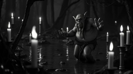 A classic black and white image depicting an ogre dancing gracefully in a swamp, illuminated by the warm, flickering glow of 