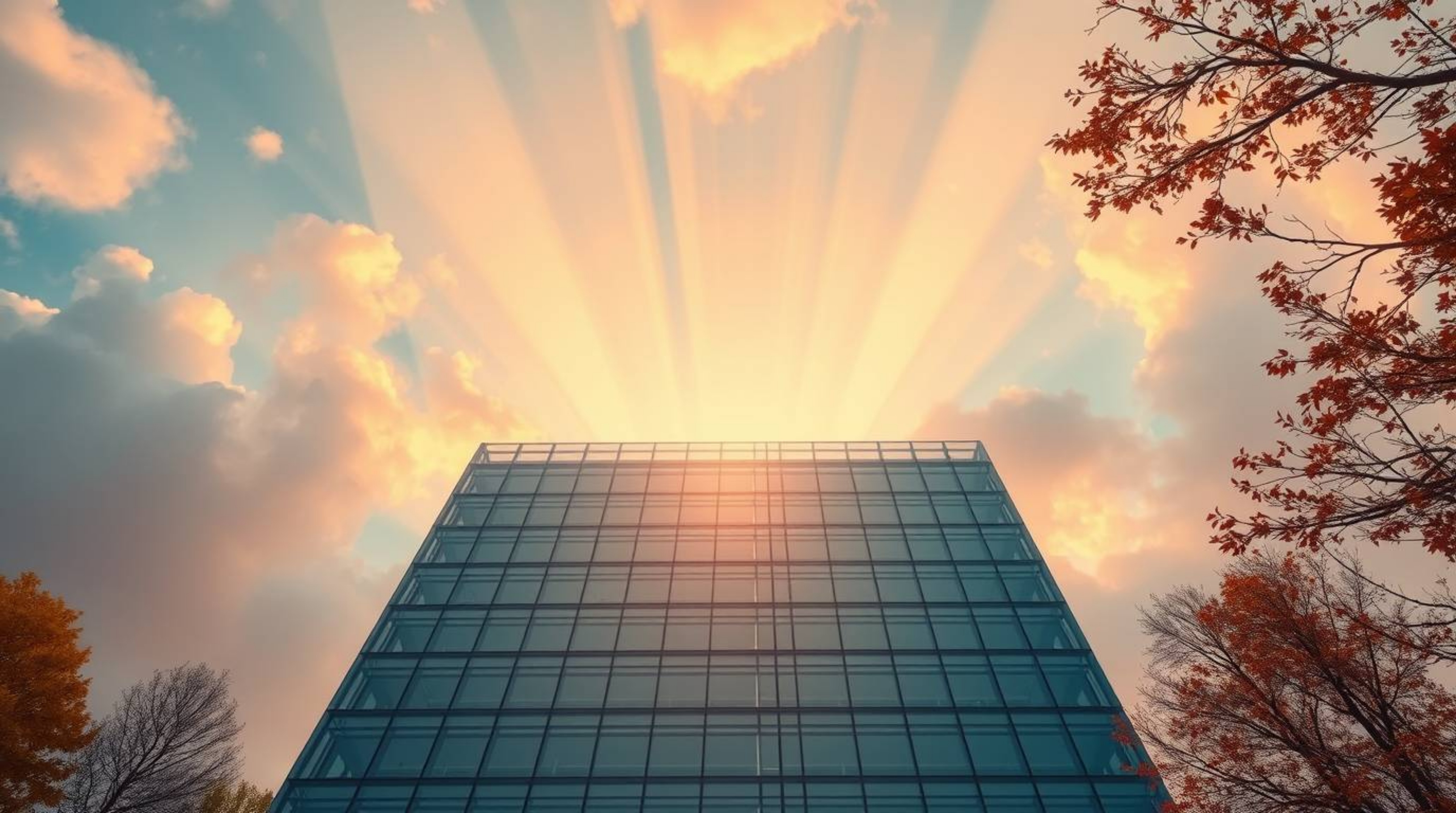 Explore the stunning visuals of volumetric lighting casting a warm autumn glow, seamlessly merging with a modern glass buildi